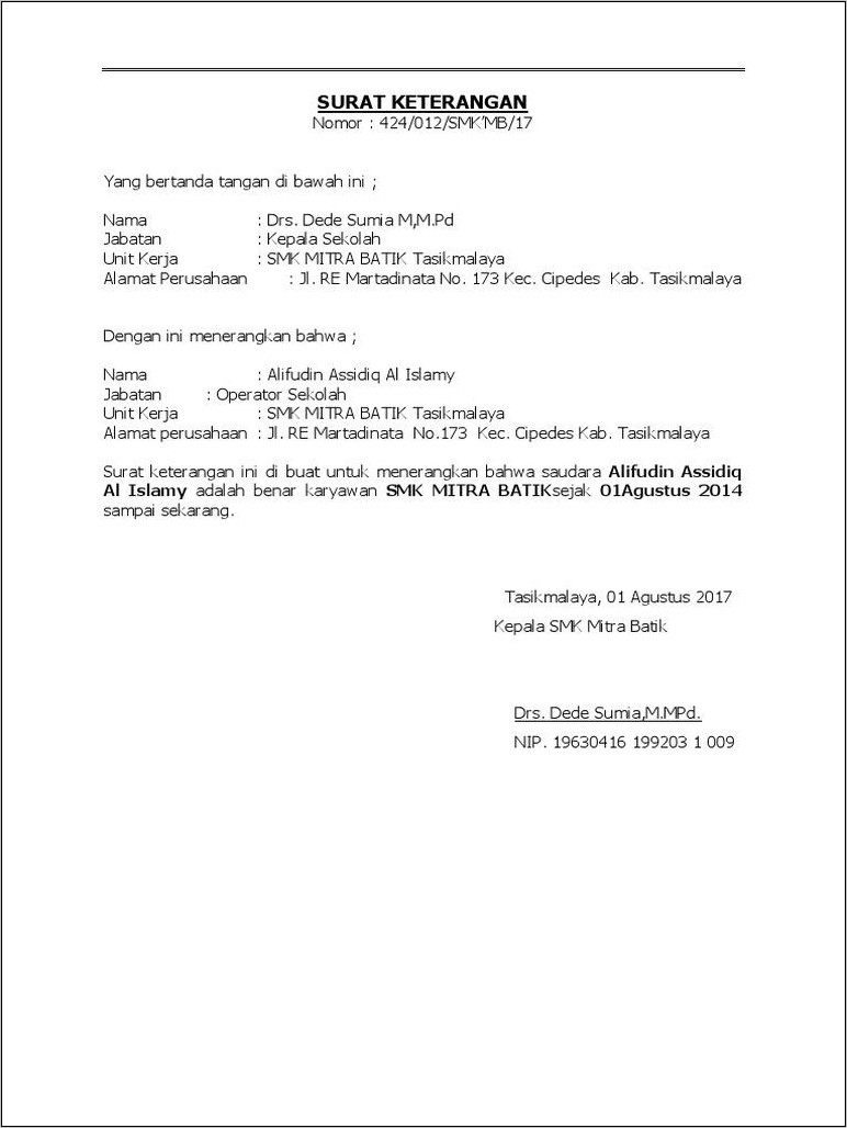 Contoh Surat Keterangan Bekerja Di Sekolah