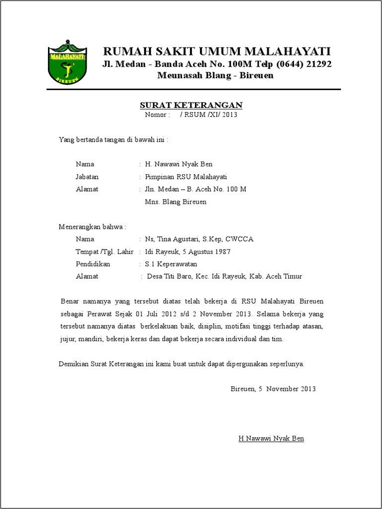 Contoh Surat Keterangan Bekerja Pemerintahan Walikota Banda Aceh