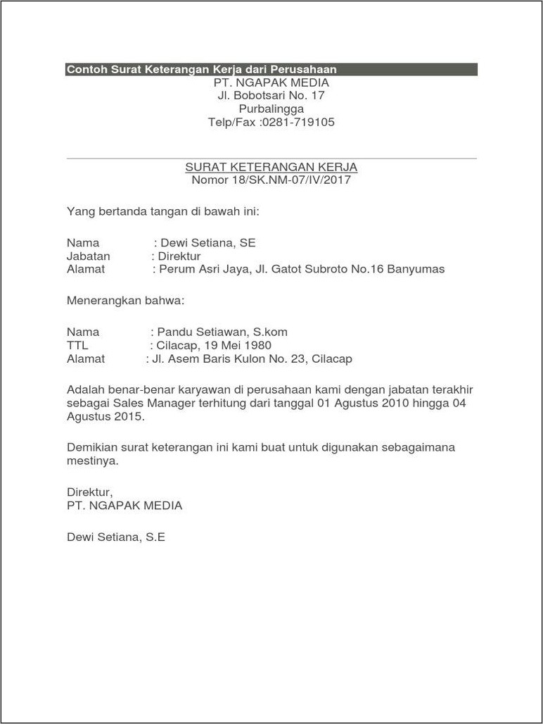 Contoh Surat Keterangan Bekerja Untuk Visa