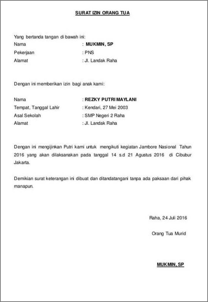 Contoh Surat Keterangan Izin Orang Tua Untuk Bekerja Pdf