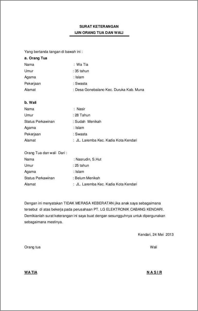 Contoh Surat Keterangan Izin Orang Tua Untuk Kerja