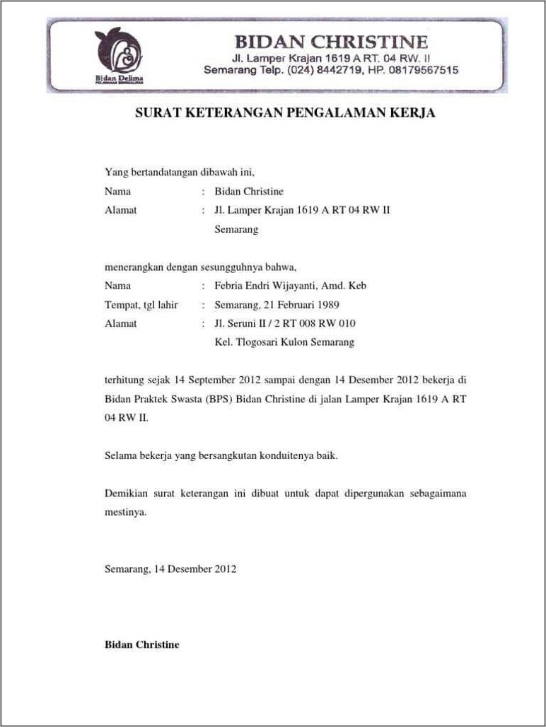 Contoh Surat Keterangan Kerja Di Bengkel