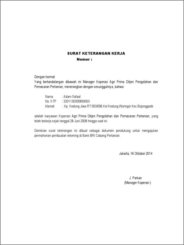 Contoh Surat Keterangan Kerja Di Kantor