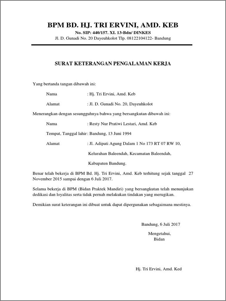 Contoh Surat Keterangan Kerja Di Klinik Yang Benar