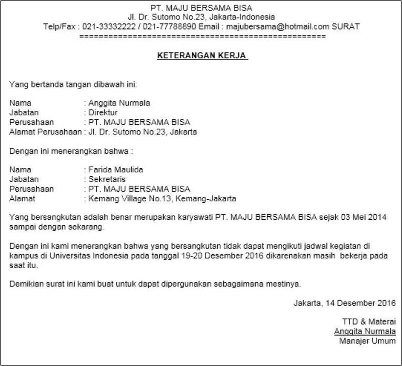 Contoh Surat Keterangan Kerja Di Perusahaan Dalam Bahasa Inggris