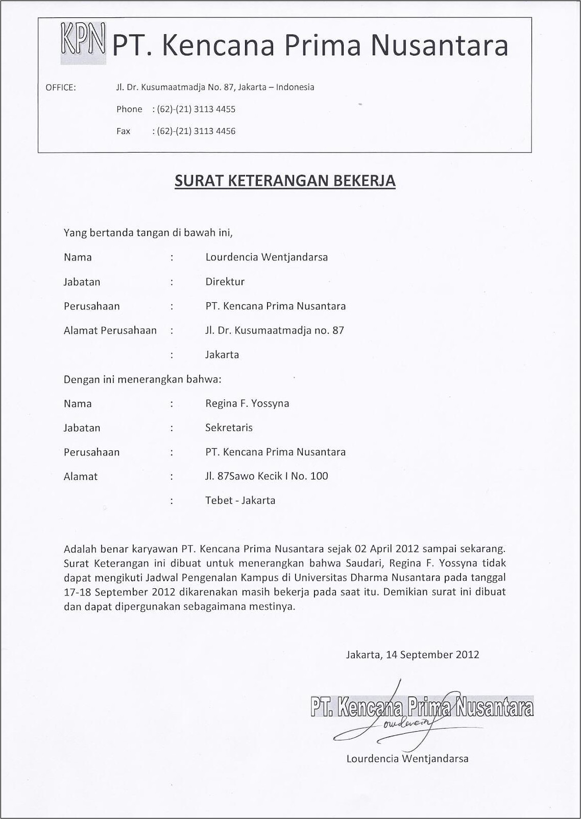 Contoh Surat Keterangan Kerja Di Tempat Kos
