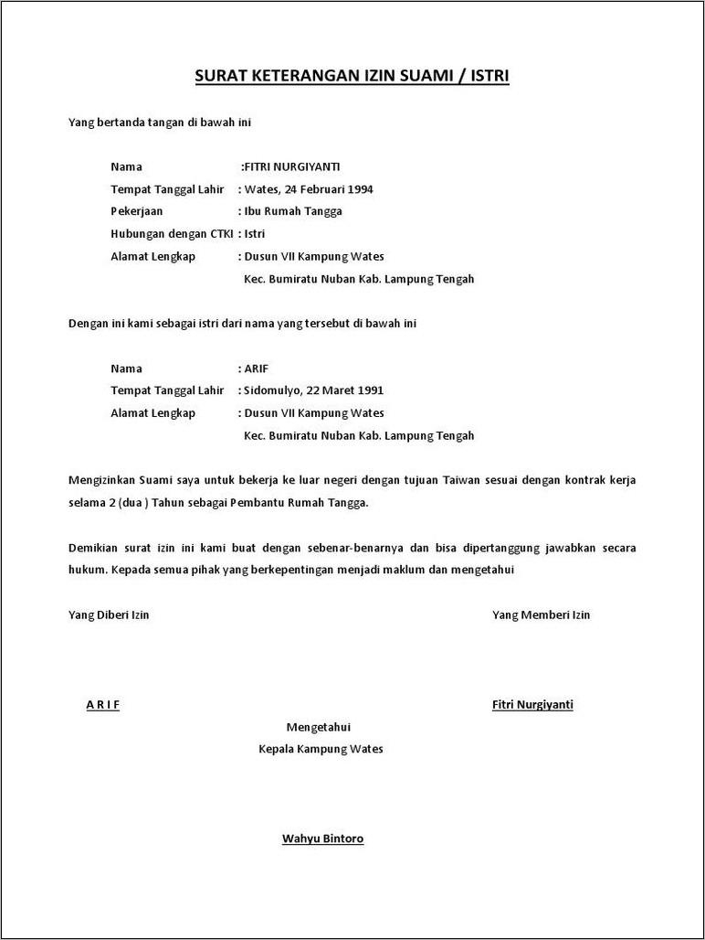 Contoh Surat Keterangan Kerja Istri