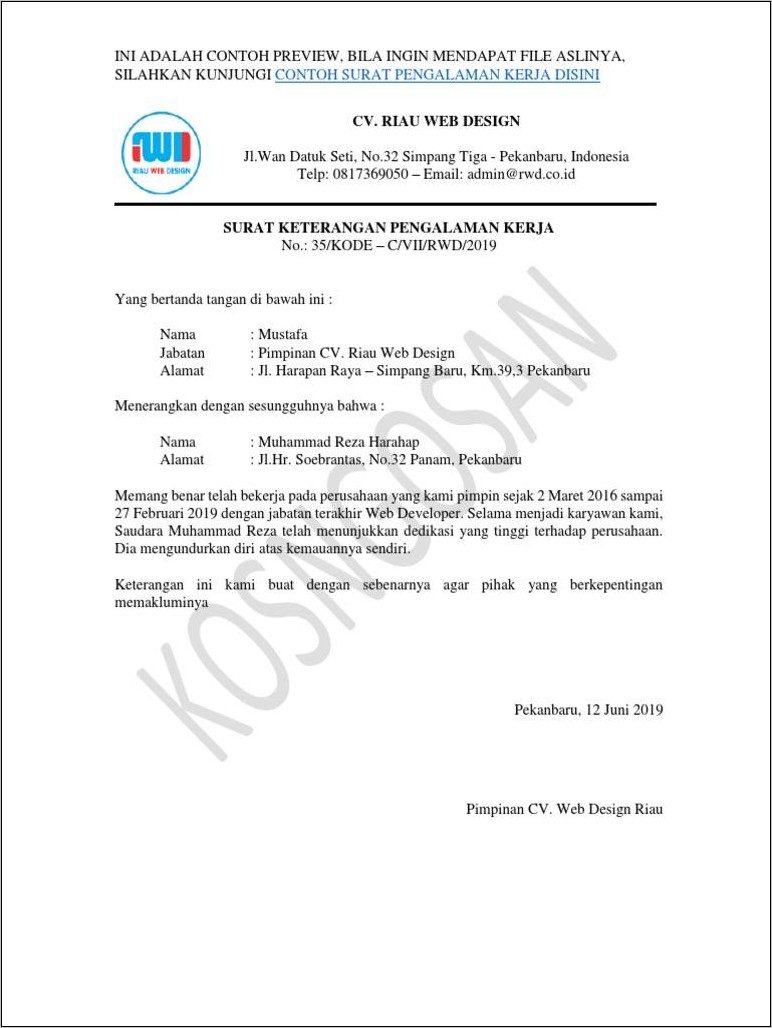 Contoh Surat Keterangan Kerja Jabatan