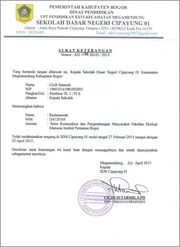Contoh Surat Keterangan Kerja Magang Umum