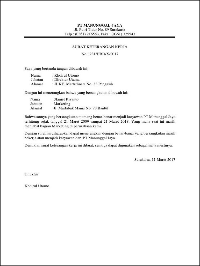 Contoh Surat Keterangan Kerja Marketing