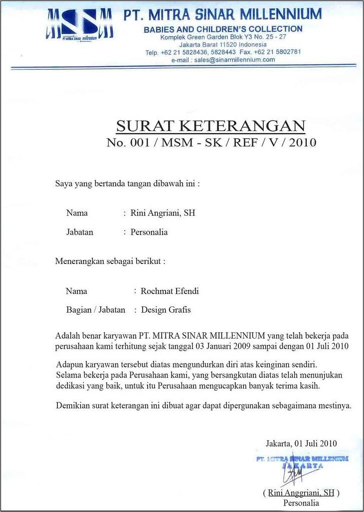 Contoh Surat Keterangan Kerja Pt