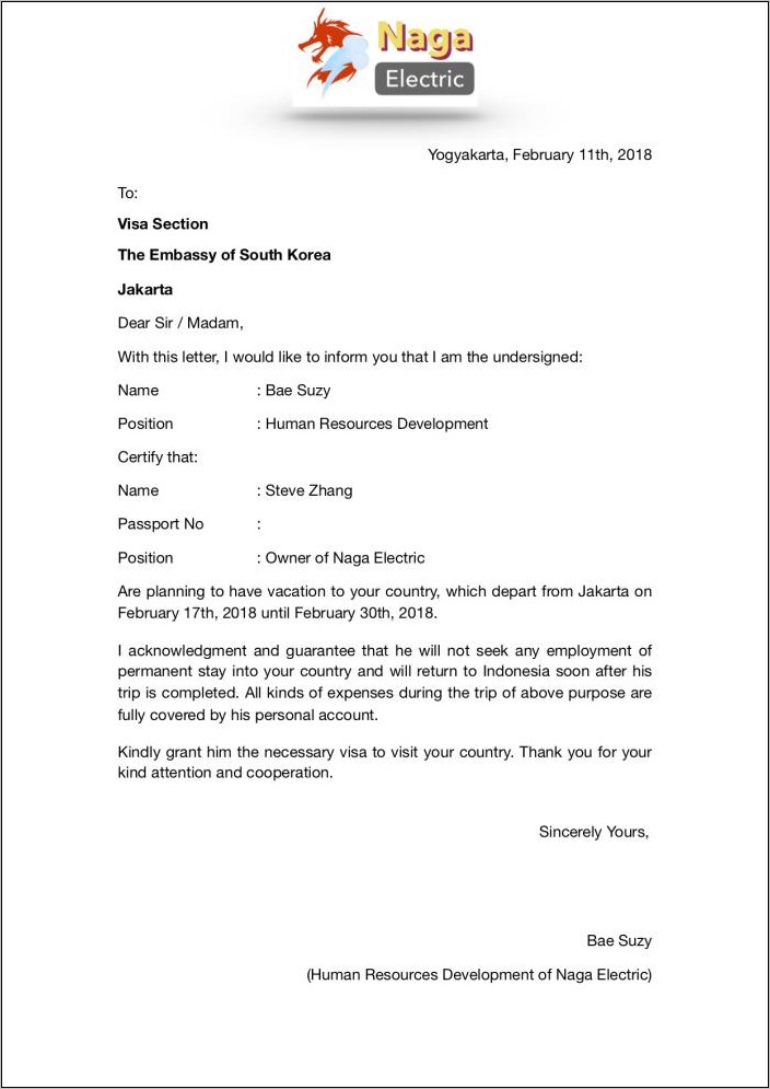 Contoh Surat Keterangan Kerja Sama Untuk Pengajuan Visa Bahasa Inggris