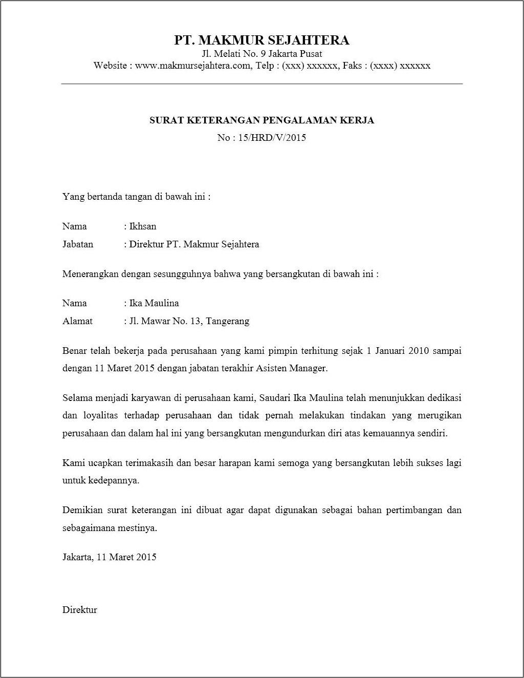 Contoh Surat Keterangan Kerja Sebagai Penunggu Kos