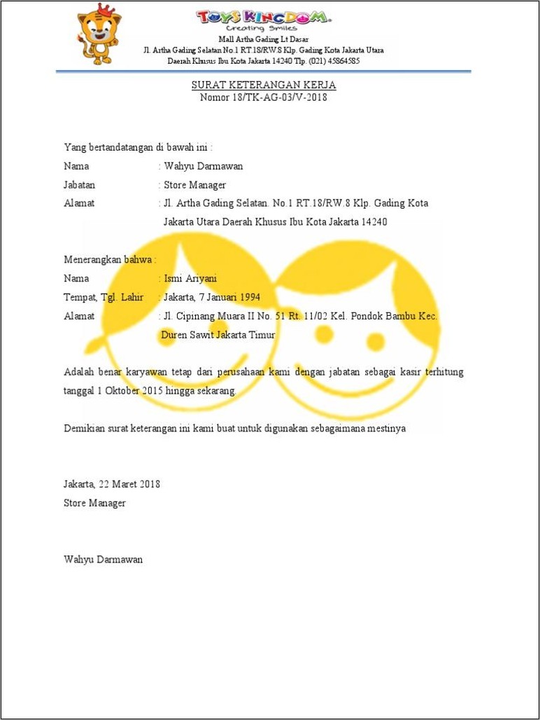 Contoh Surat Keterangan Kerja Tetap Di Perusahaan