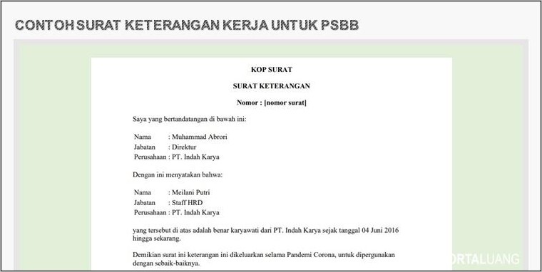 Contoh Surat Keterangan Kerja Untuk Buka Rekening Bank