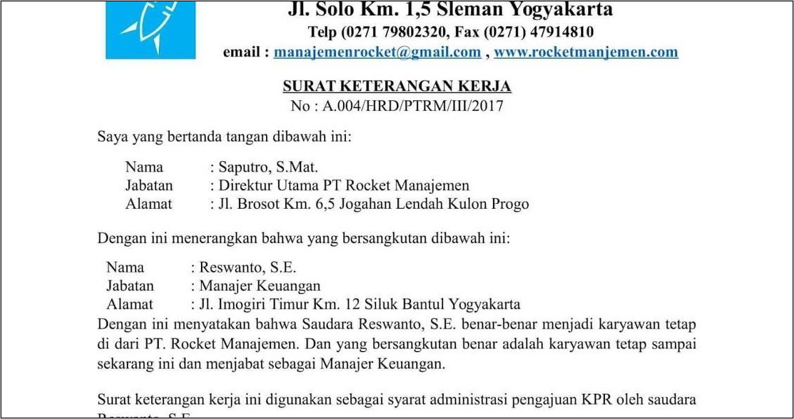Contoh Surat Keterangan Kerja Untuk Direktur