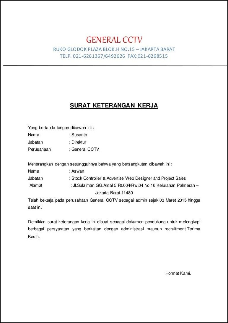 Contoh Surat Keterangan Kerja Untuk Persyaratan Kuliah