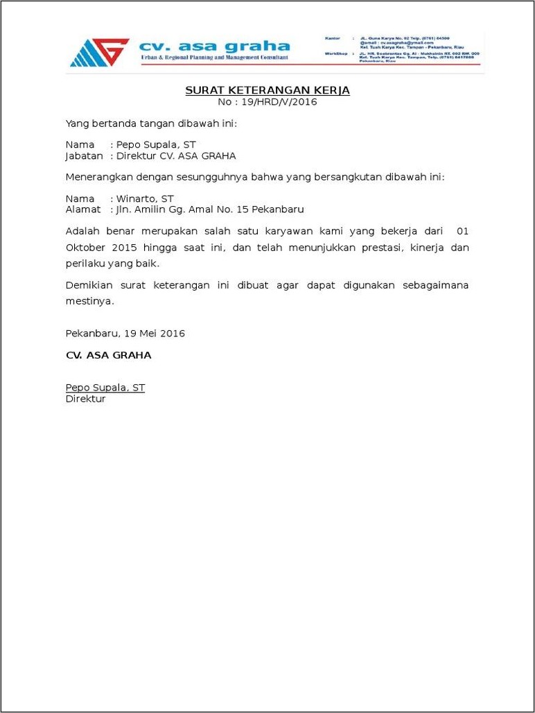 Contoh Surat Keterangan Kerja Untuk Urus Npwp