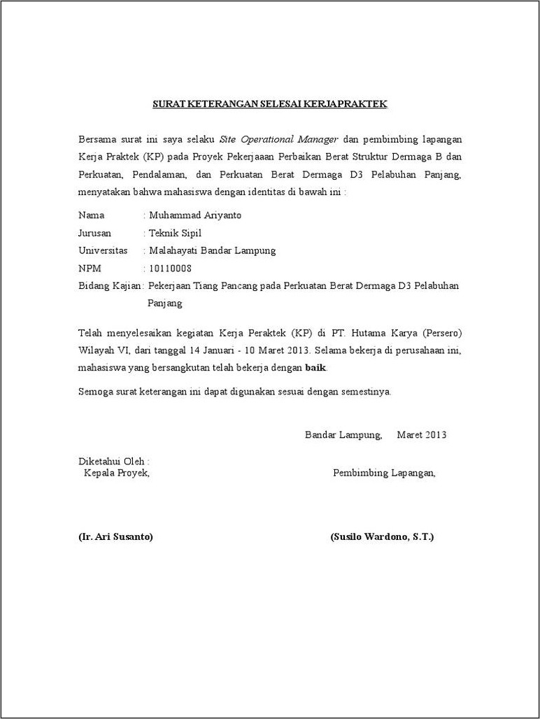 Contoh Surat Keterangan Kuliah Kerja Lapangan