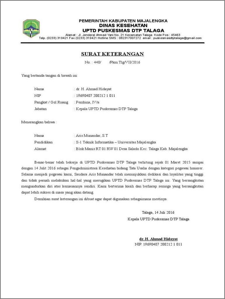 Contoh Surat Keterangan Pekerjaan Dari Kantor Pemerintahan