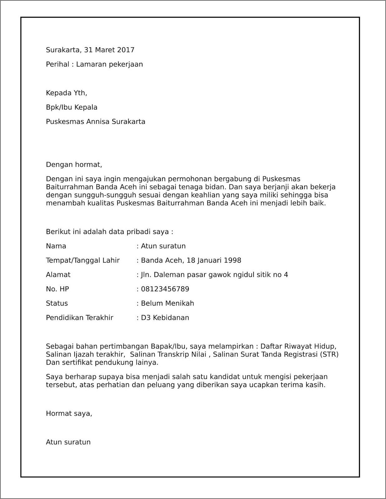 Contoh Surat Keterangan Pengalaman Kerja Bidan