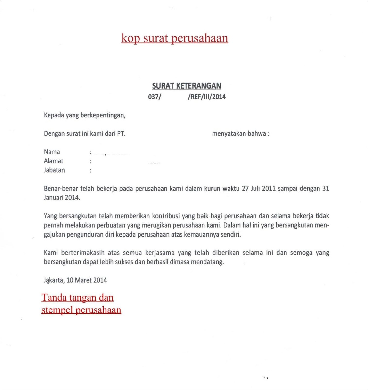 Contoh Surat Keterangan Resign Kerja