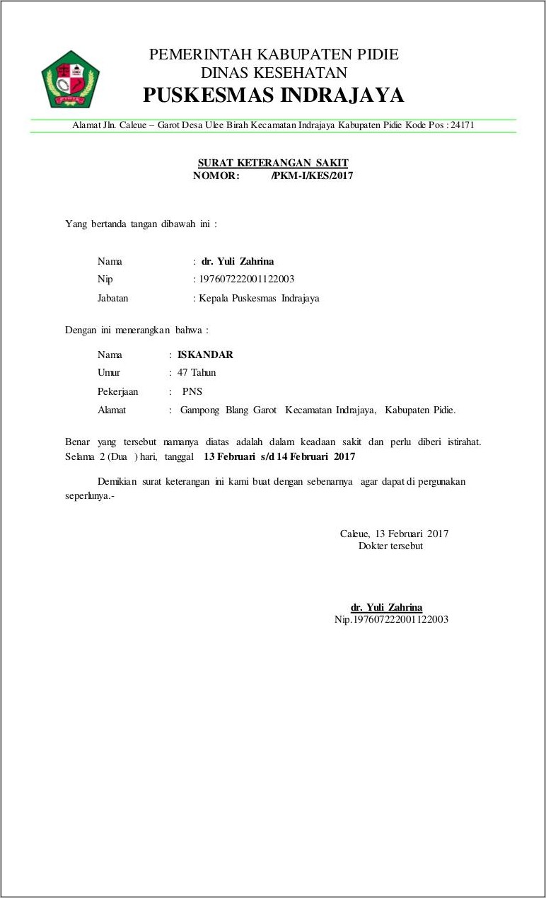 Contoh Surat Keterangan Sakit Tidak Bisa Kerja Keras