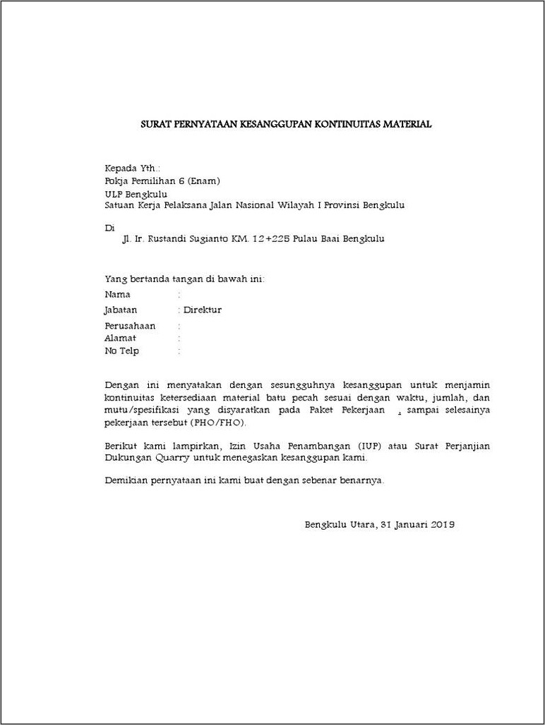 Contoh Surat Ketersediaan Kerja