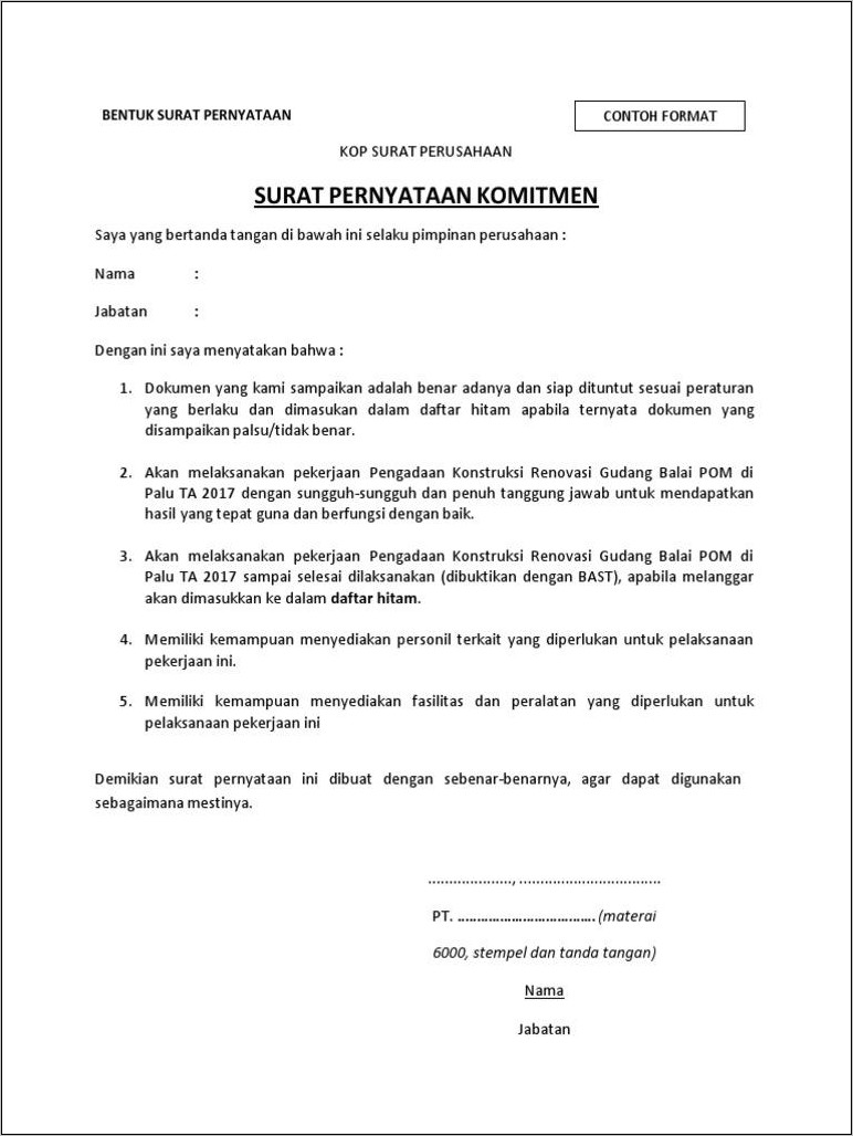 contoh surat komitmen kerja sama