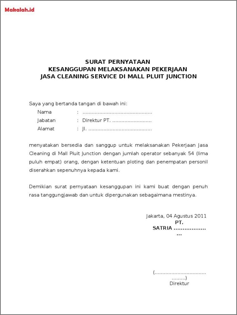 Contoh Surat Komitmen Penyelesaian Pekerjaan