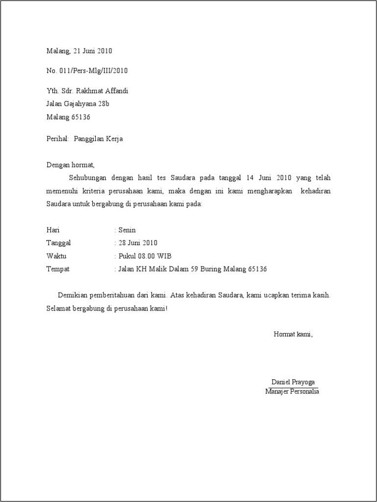 Contoh Surat Konfirmasi Pekerjaan Dalam Bahasa Inggris