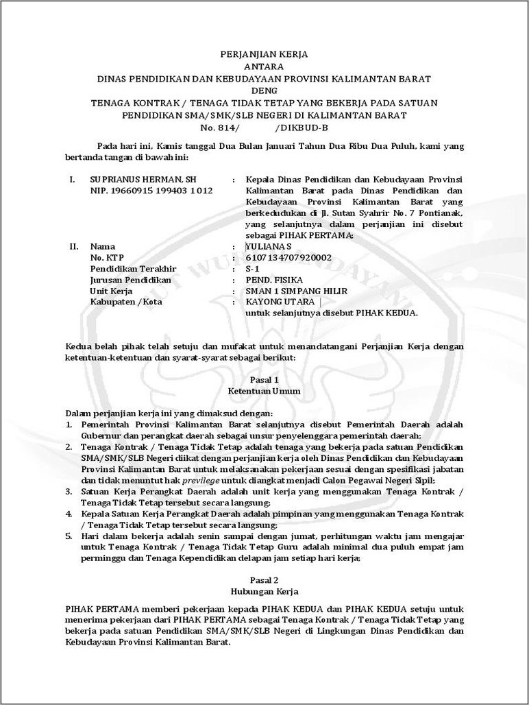 Contoh Surat Kontrak Kerja Karyawan Pemerintahan