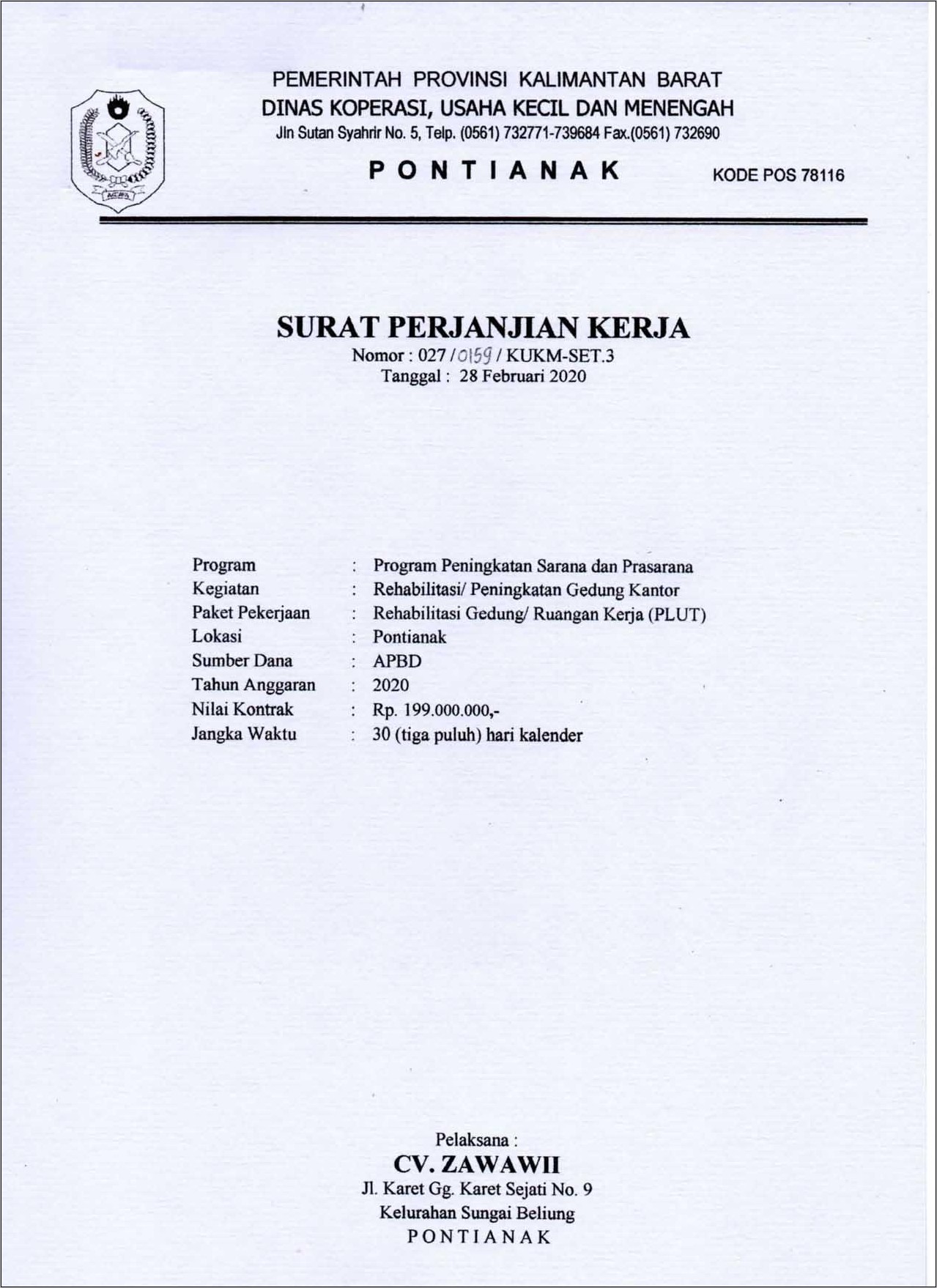 Contoh Surat Kontrak Kerja Koperasi