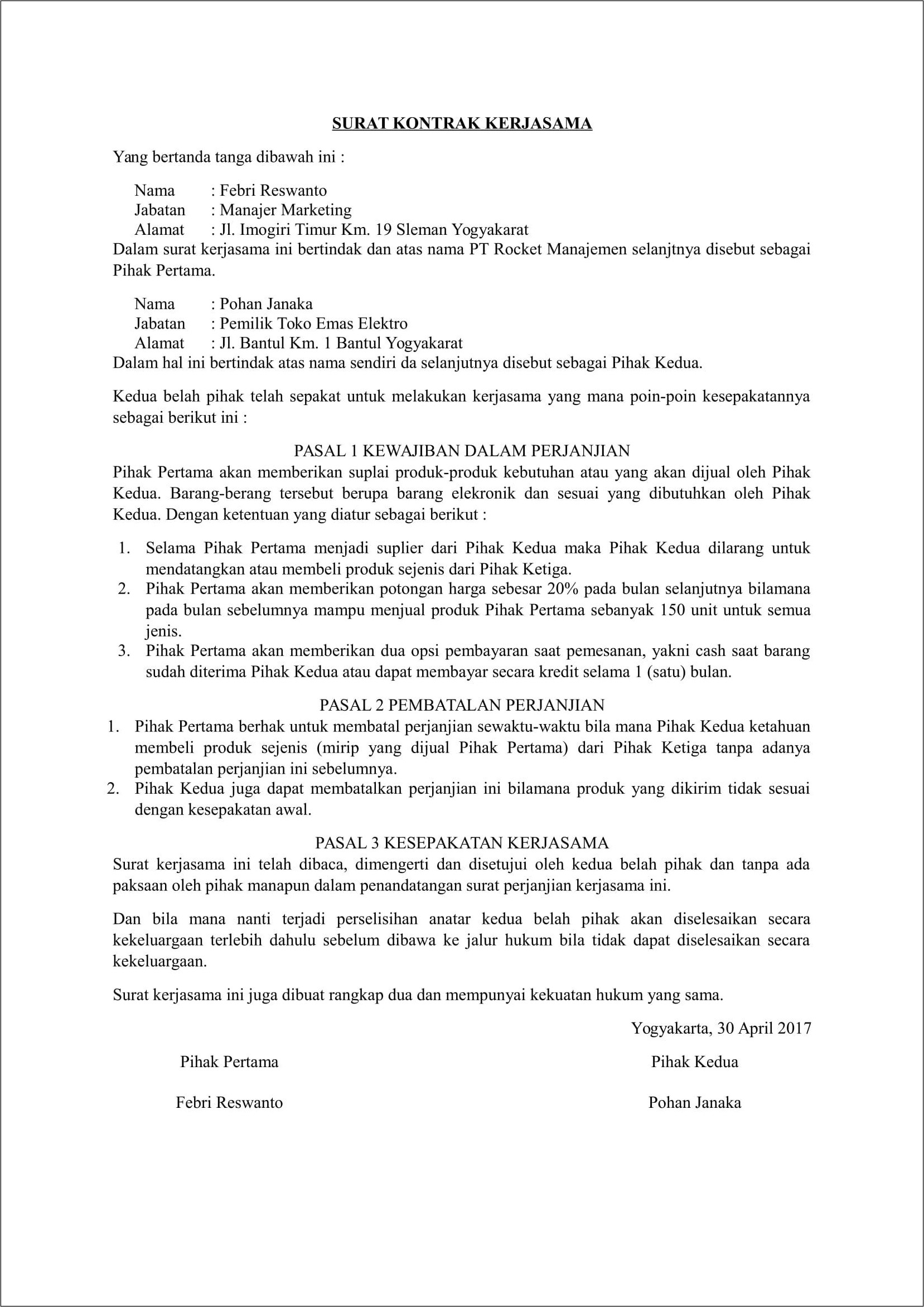 Contoh Surat Kontrak Kerja Manager