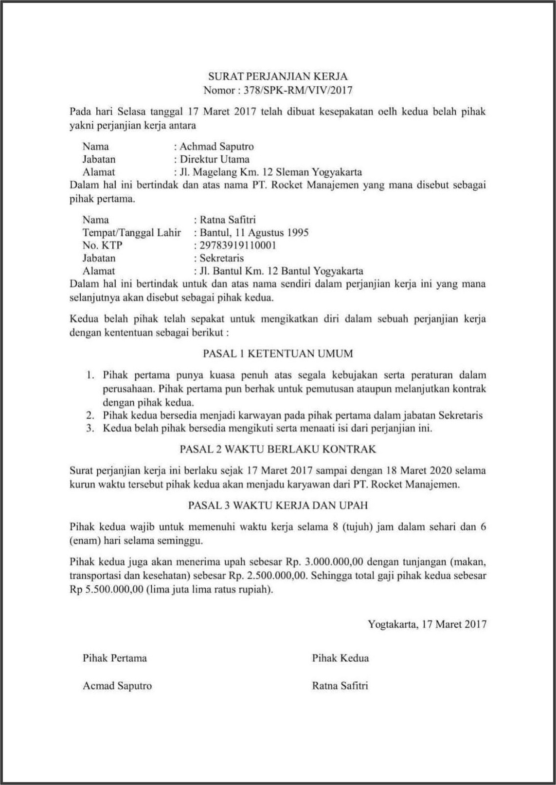Contoh Surat Kontrak Kerja Prt Dan Perusahaan