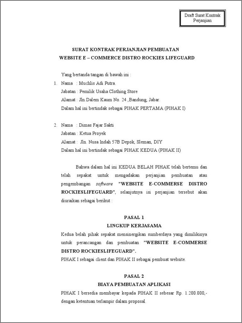 Contoh Surat Kontrak Kerja Sistem Informasi