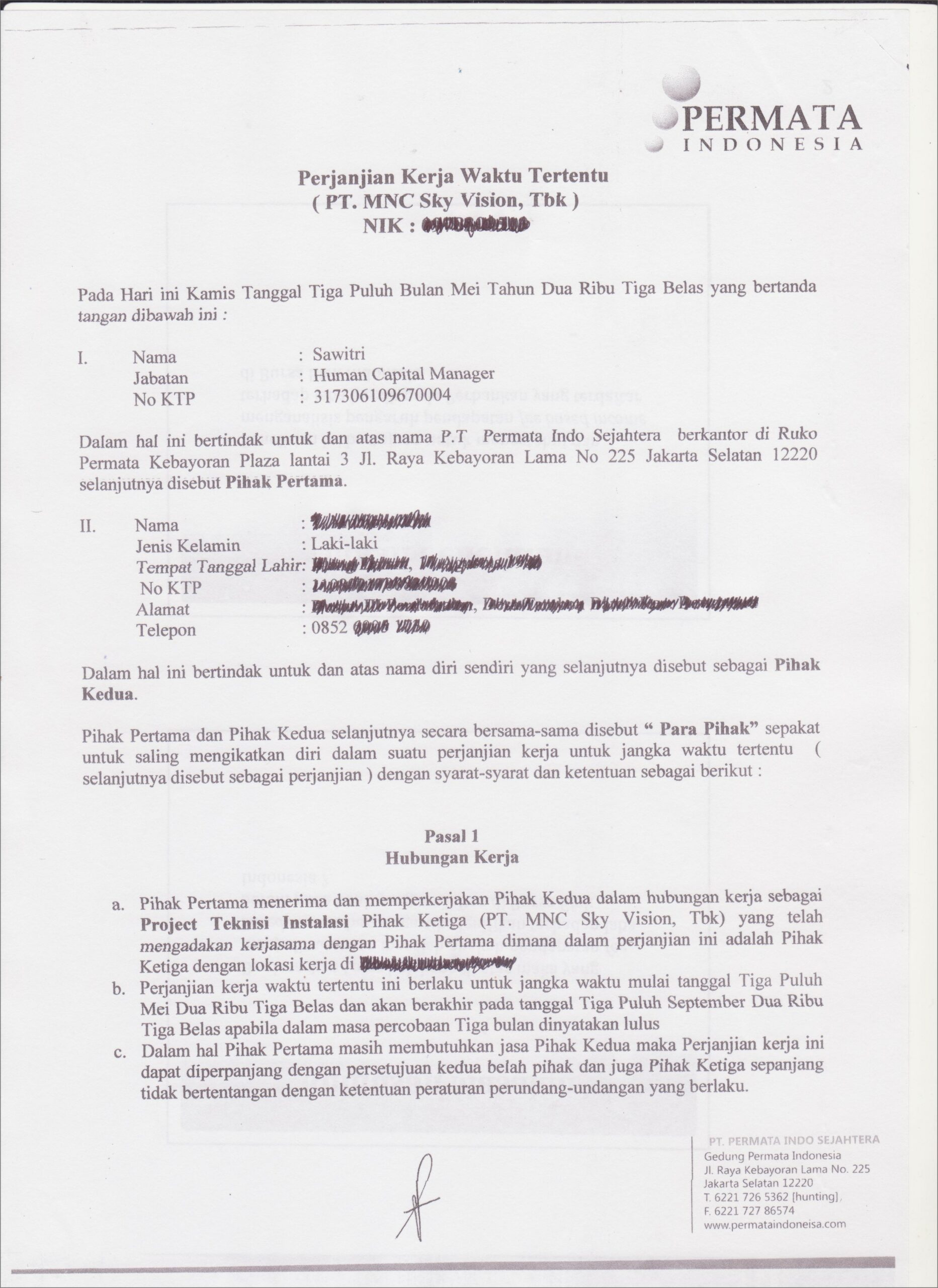 Contoh Surat Kontrak Kerja Teknisi