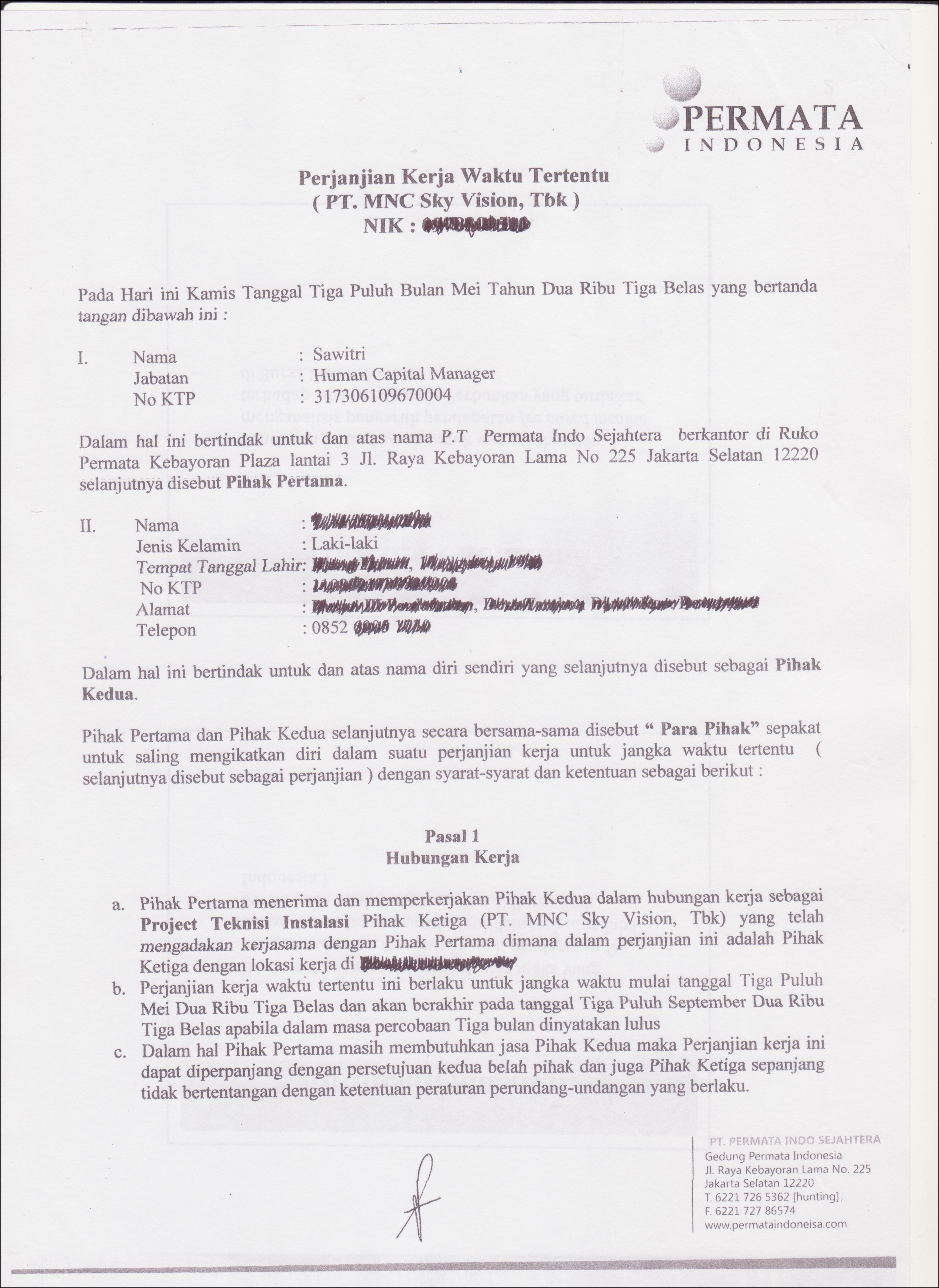 Contoh Surat Kontrak Kerja Teknisi