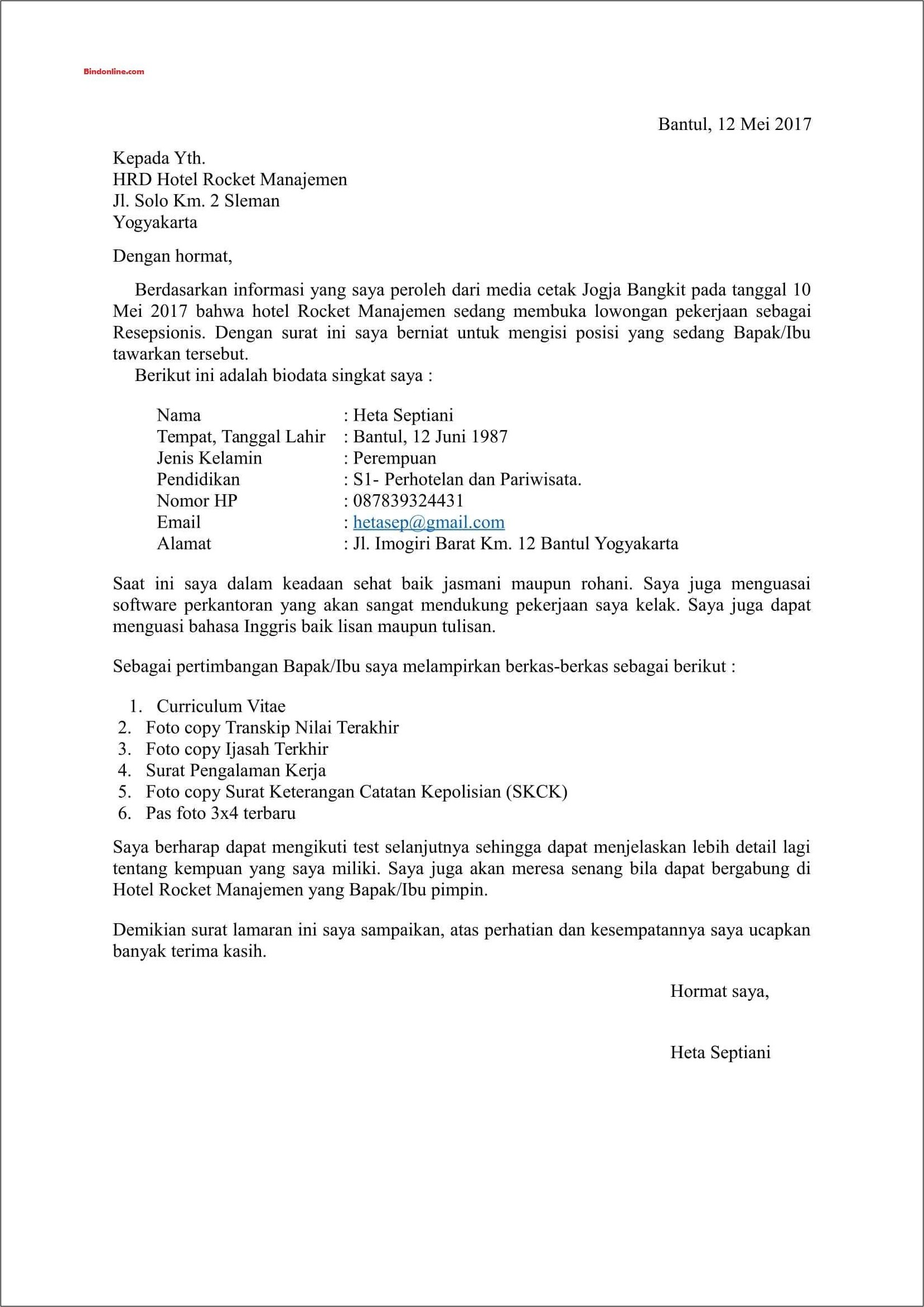Contoh Surat Lamaaaran Pekerjaan