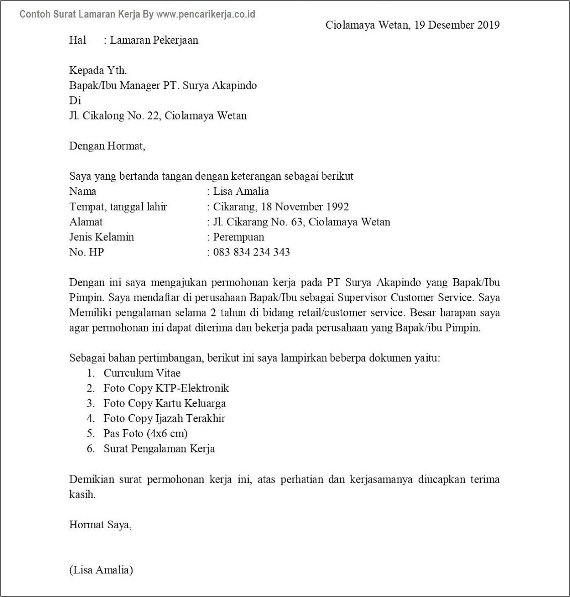 Contoh Surat Lamara Kerja 2019