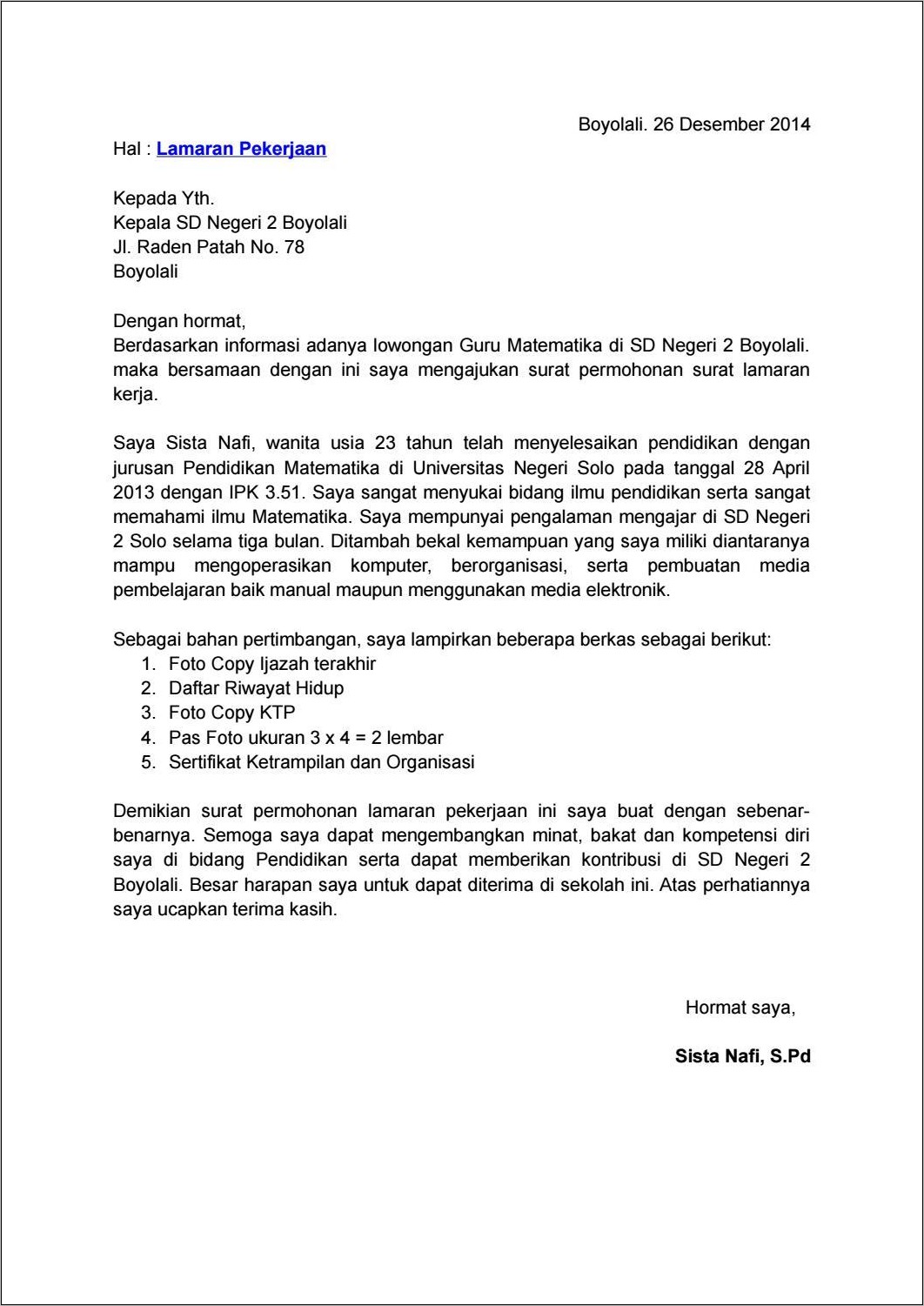 Contoh Surat Lamara Kerja Guru Sd