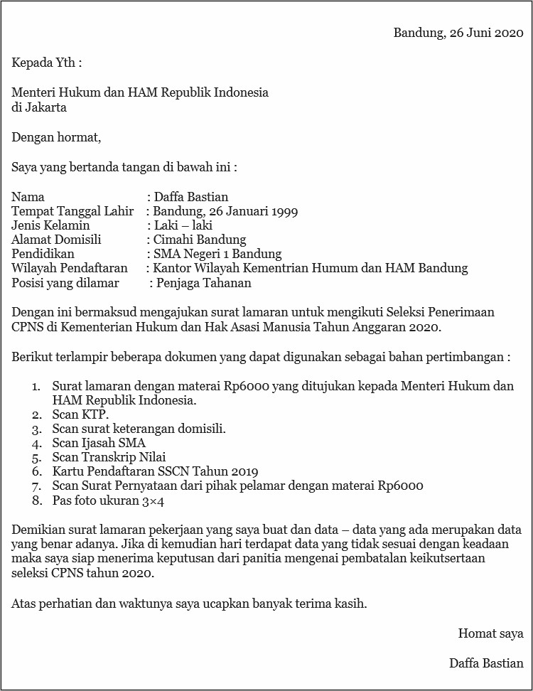 Contoh Surat Lamaraan Pekerjaan Yang Benar