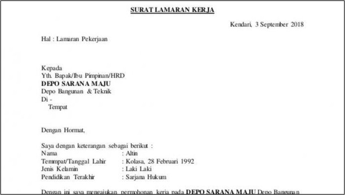 Contoh Surat Lamarak Pekerjaan Swasta