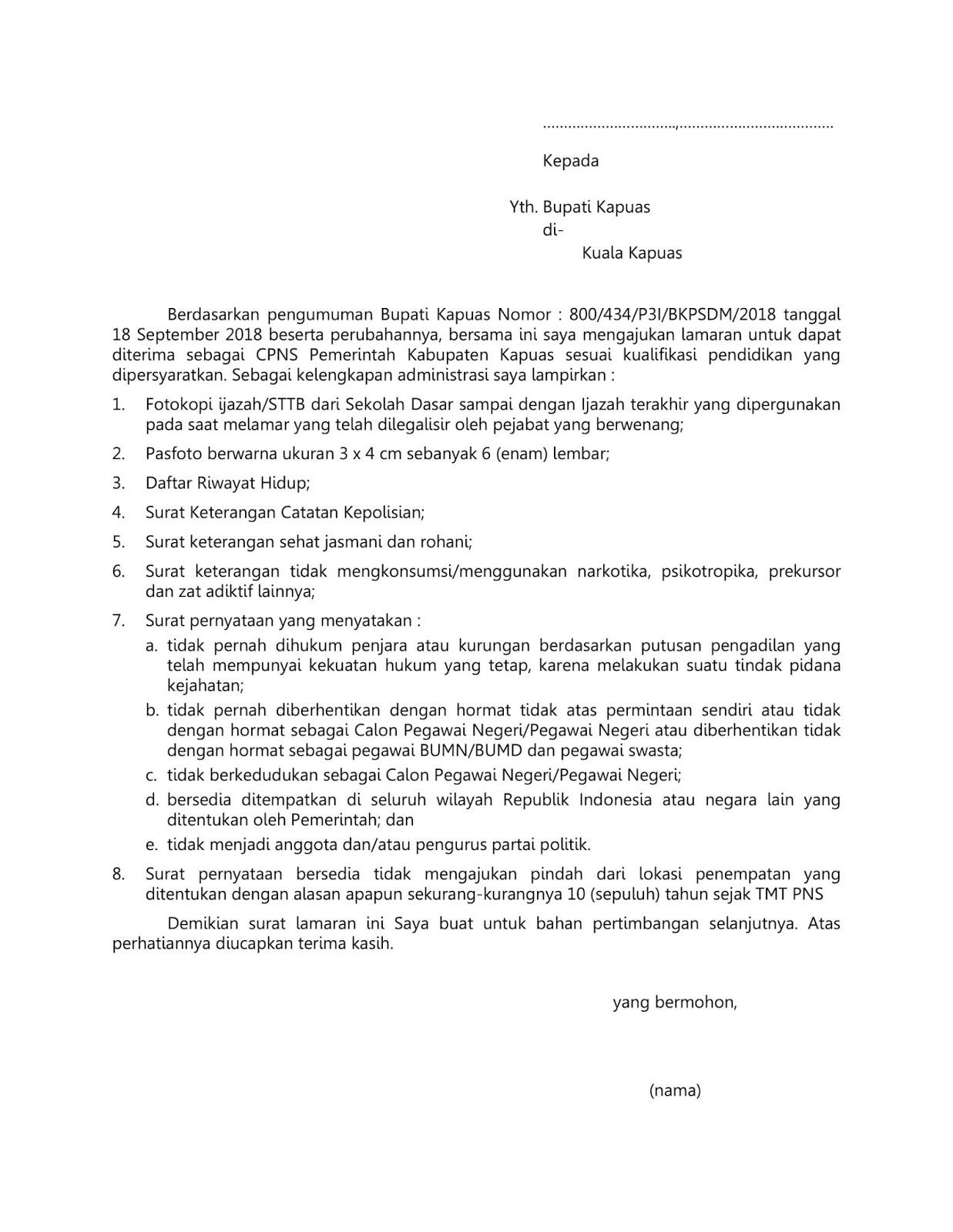 Contoh Surat Lamaran Cpns Kab Pekalongan 2019