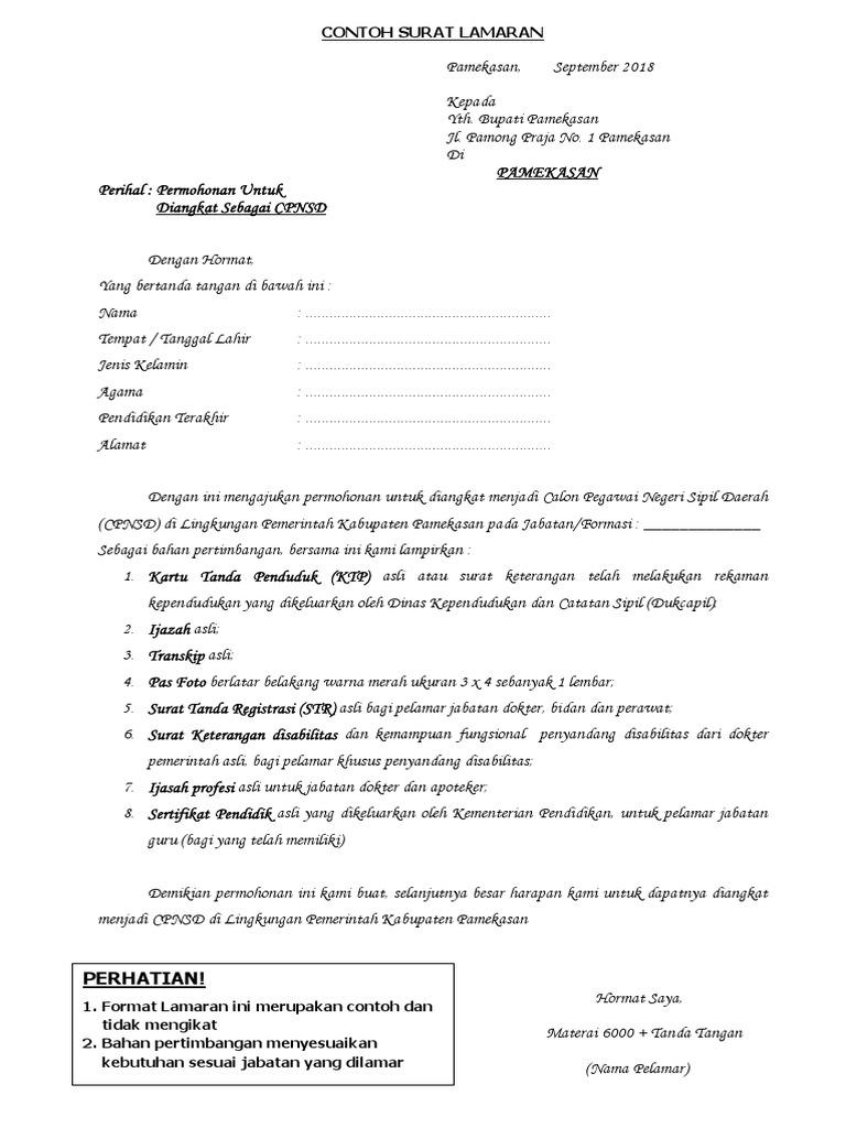 Contoh Surat Lamaran Cpns Kabupaten Bekasi