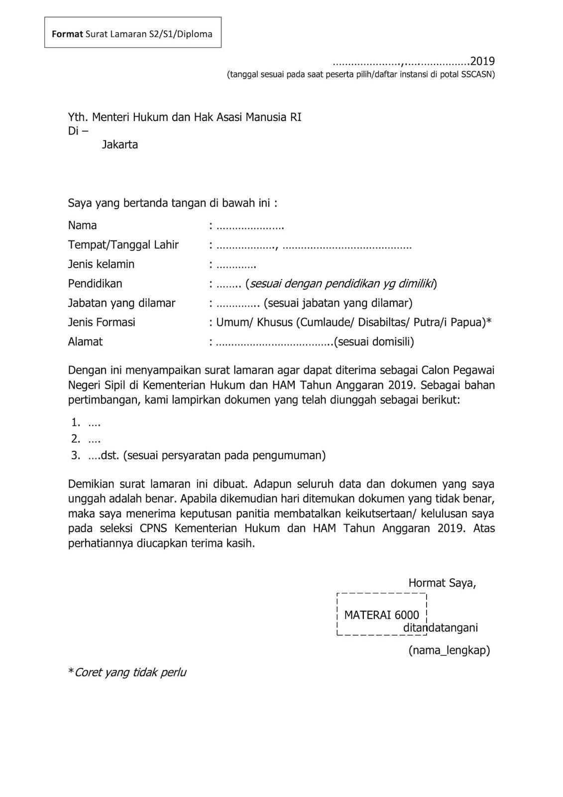 Contoh Surat Lamaran Cpns Kabupaten Oki