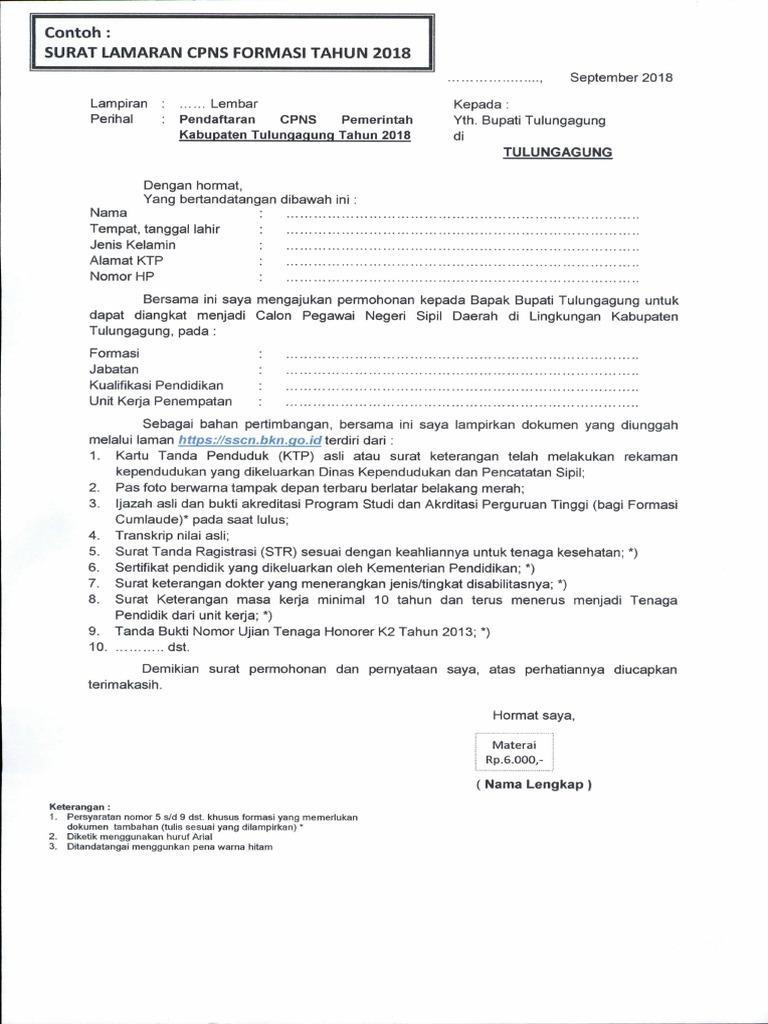 Contoh Surat Lamaran Cpns Ke Bupati Bandung