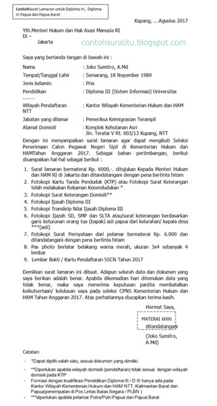 Contoh Surat Lamaran Cpns Ke Kemenkumham