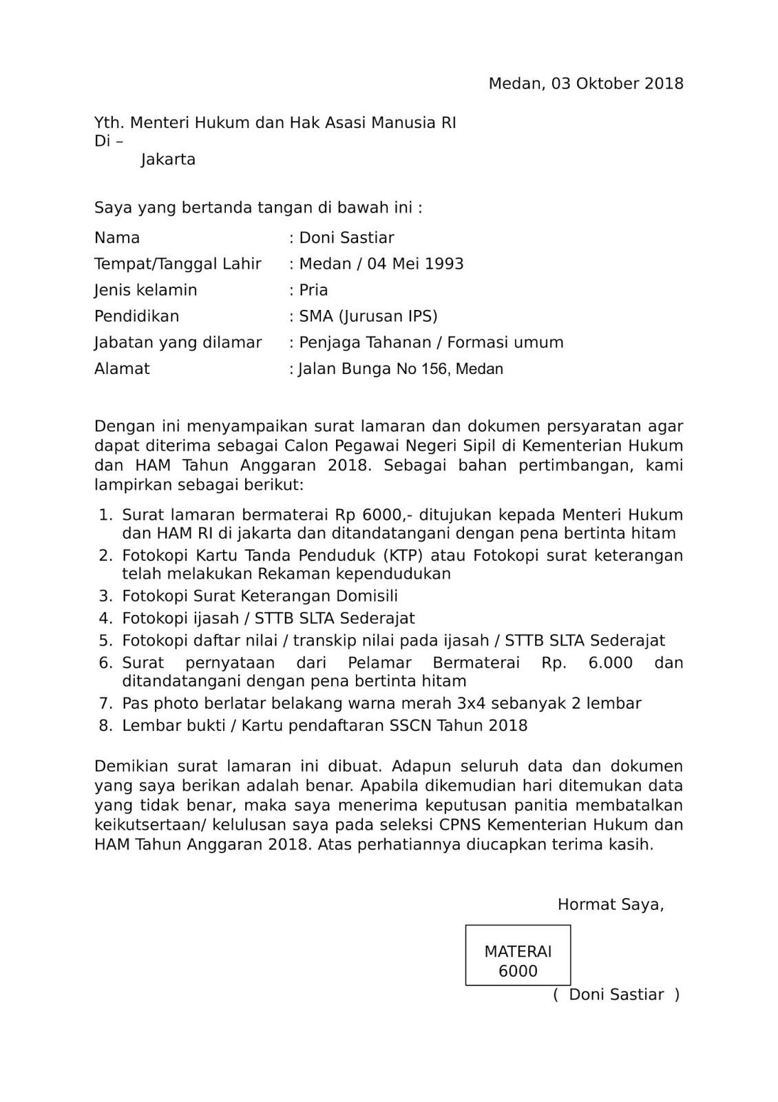 Contoh Surat Lamaran Cpns Kecamatan