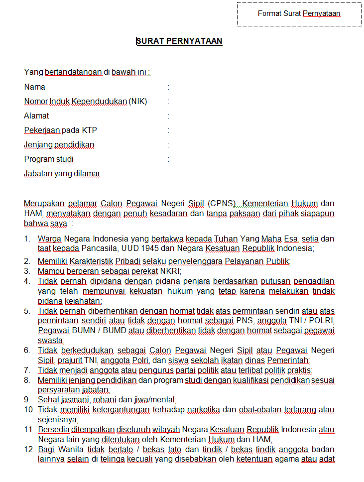 Contoh Surat Lamaran Cpns Kemenkumham 2018 Slta